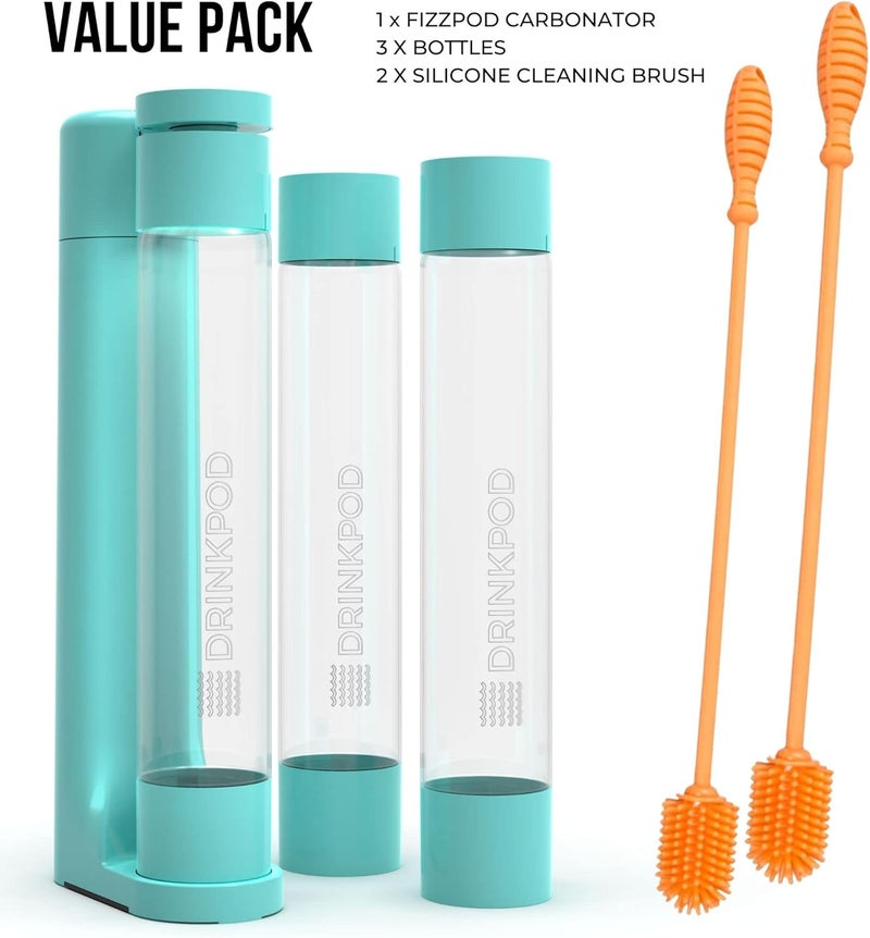 DRINKPOD Fizzpod Home Soda Maker Sparkling Water Carbonator With 3 Bottles and 2 Bottle Brushes (Aruba Blue) - Image 2